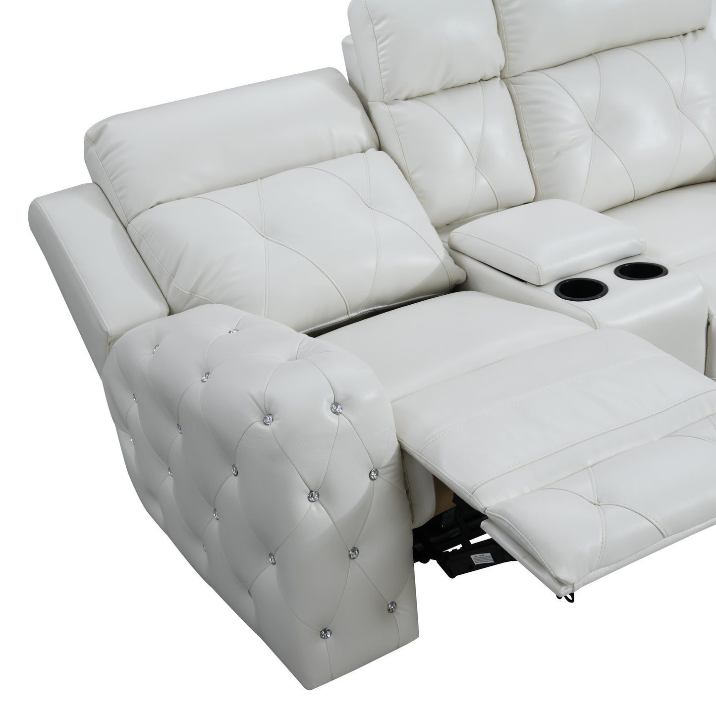 White Leather Gel Cover Power Console Reclining Loveseat In Plushily Padded Seats  Jewel Embellished Tufted Design  Along With Recessed Arm