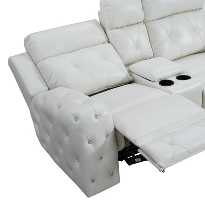 White Leather Gel Cover Power Console Reclining Loveseat In Plushily Padded Seats  Jewel Embellished Tufted Design  Along With Recessed Arm