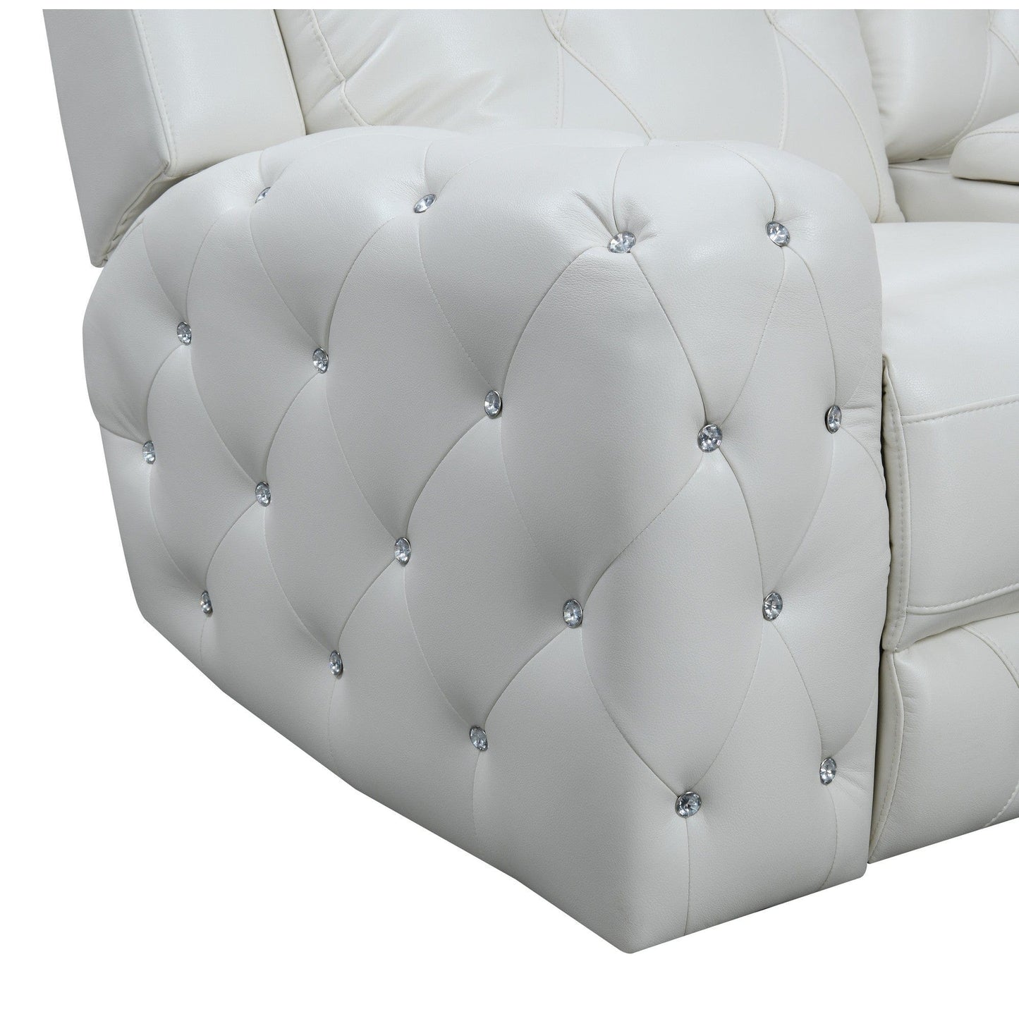 White Leather Gel Cover Power Console Reclining Loveseat In Plushily Padded Seats  Jewel Embellished Tufted Design  Along With Recessed Arm