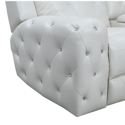 White Leather Gel Cover Power Console Reclining Loveseat In Plushily Padded Seats  Jewel Embellished Tufted Design  Along With Recessed Arm