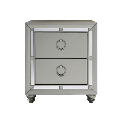 Silver Champagne Tone Nightstand With 2 Drawer  Mirror Trim Accent