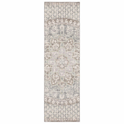 7' Ivory Grey Distressed Oversize Medallion Indoor Runner Rug