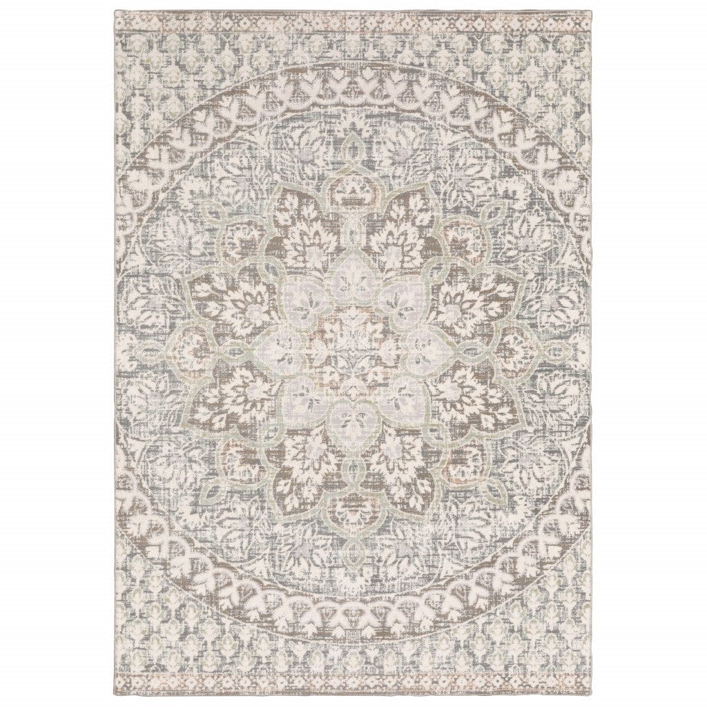 7' Ivory Grey Distressed Oversize Medallion Indoor Runner Rug