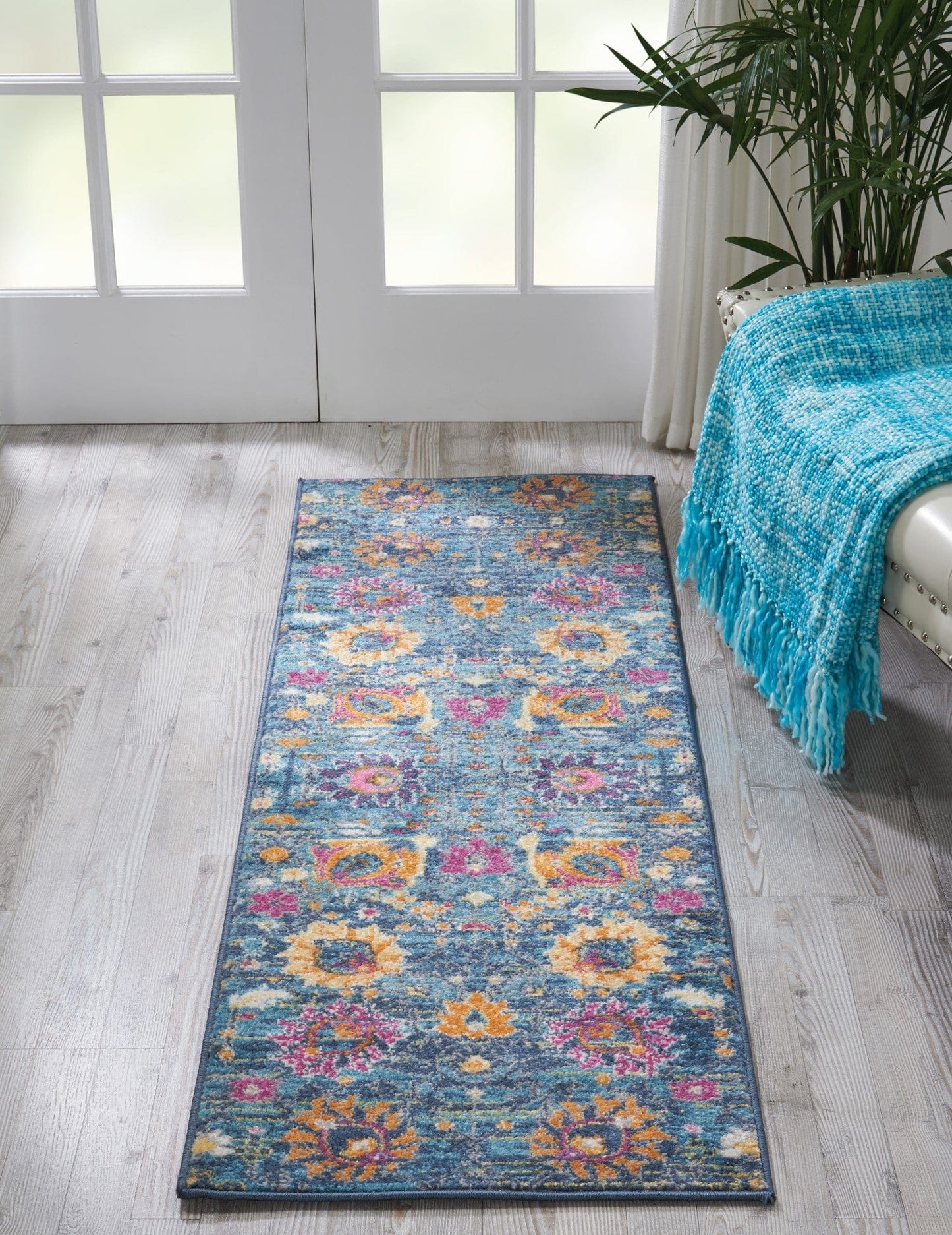 2' X 6’ Denim Blue Florals Distressed Runner Rug