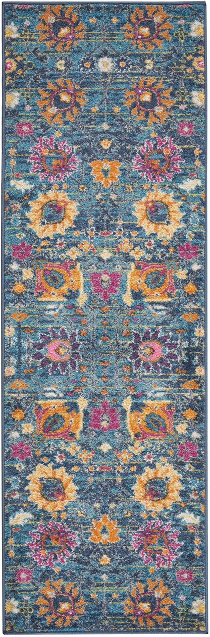 2' X 6’ Denim Blue Florals Distressed Runner Rug