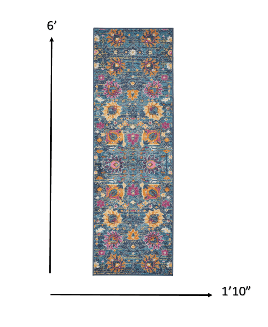 2' X 6’ Denim Blue Florals Distressed Runner Rug