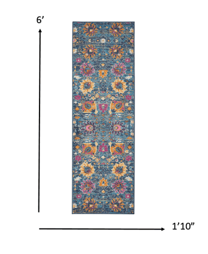 2' X 6’ Denim Blue Florals Distressed Runner Rug