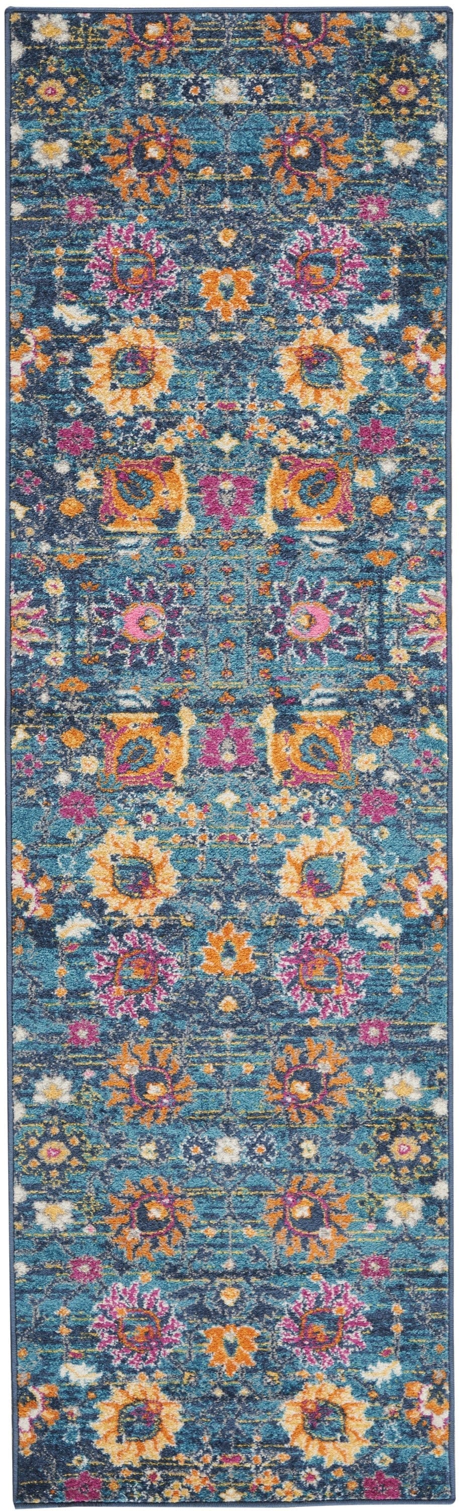 2' X 6’ Denim Blue Florals Distressed Runner Rug