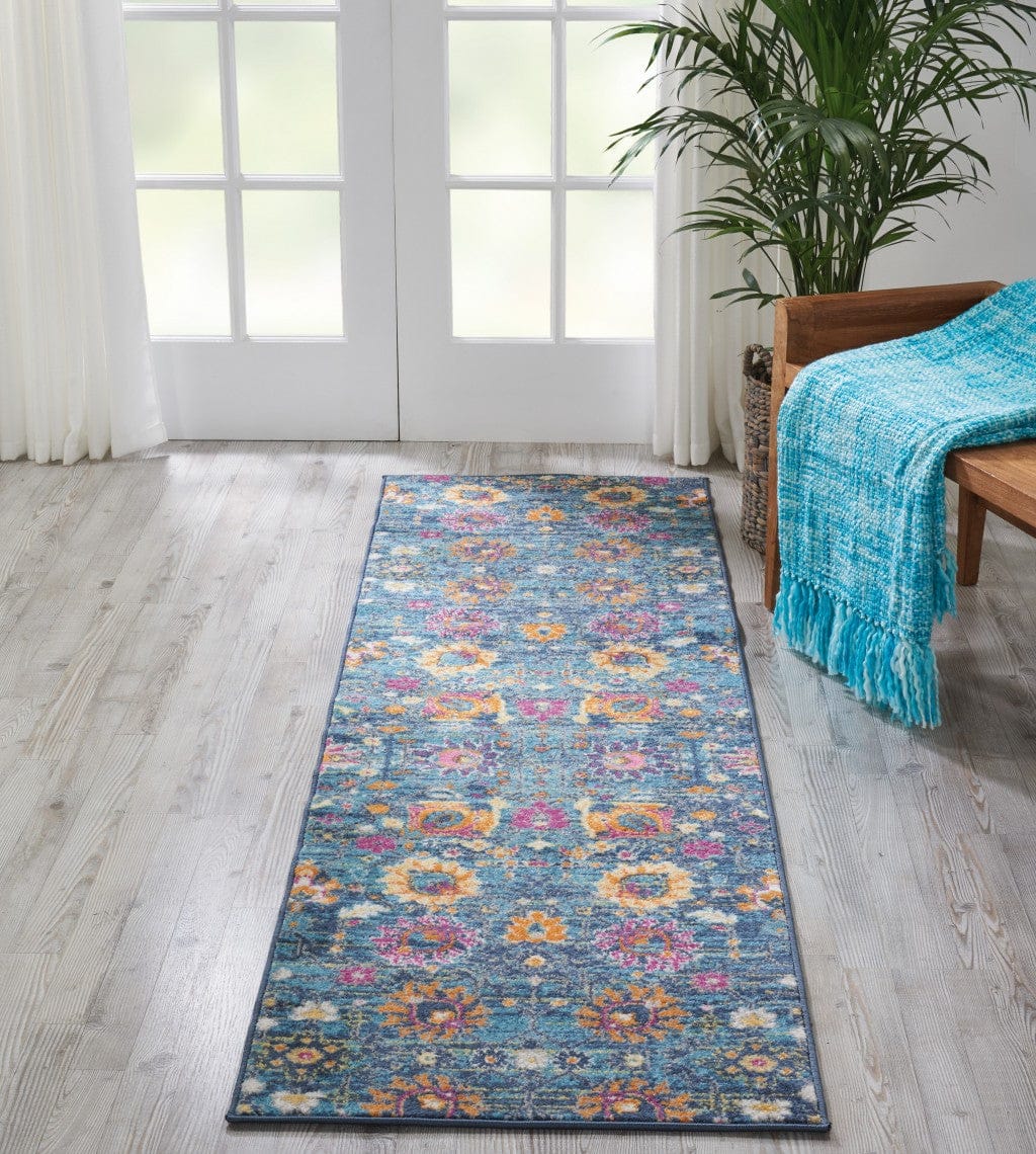 2' X 6’ Denim Blue Florals Distressed Runner Rug