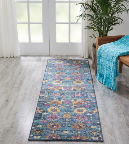2' X 6’ Denim Blue Florals Distressed Runner Rug