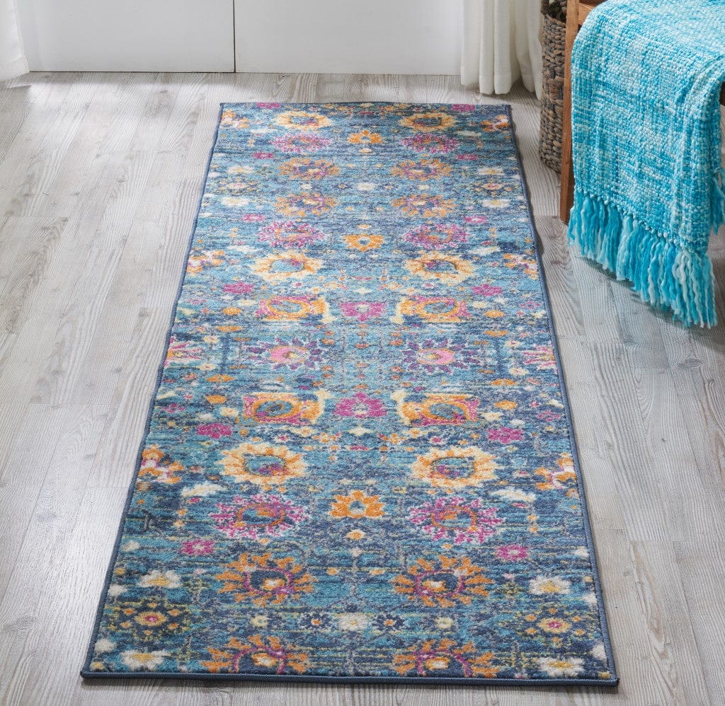 2' X 6’ Denim Blue Florals Distressed Runner Rug