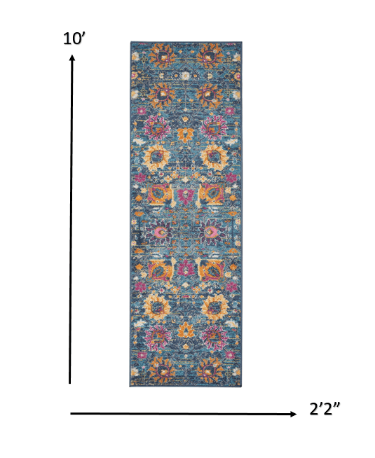 2' X 6’ Denim Blue Florals Distressed Runner Rug