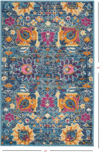 2' X 6’ Denim Blue Florals Distressed Runner Rug