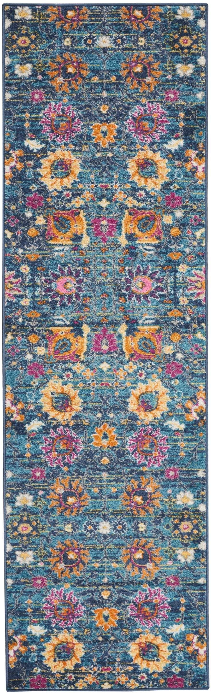 2' X 6’ Denim Blue Florals Distressed Runner Rug
