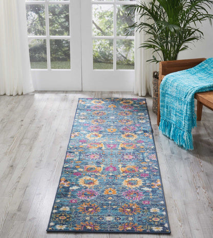 2' X 6’ Denim Blue Florals Distressed Runner Rug