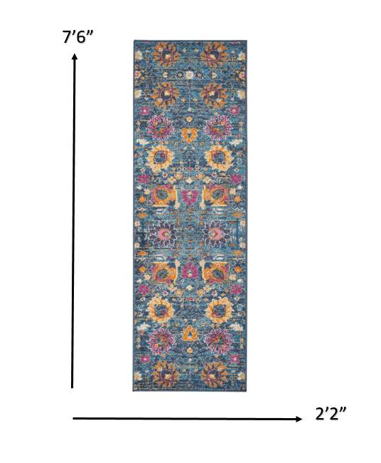 2' X 6’ Denim Blue Florals Distressed Runner Rug