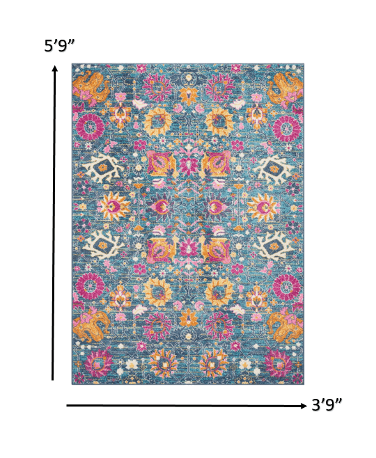 2' X 6’ Denim Blue Florals Distressed Runner Rug