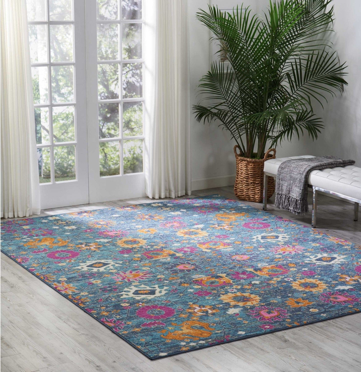 2' X 6’ Denim Blue Florals Distressed Runner Rug