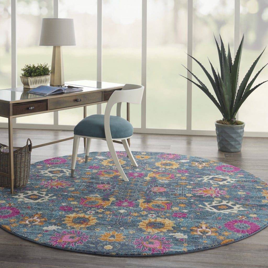 2' X 6’ Denim Blue Florals Distressed Runner Rug