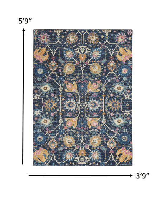 4’ X 6’ Navy Blue Floral Buds Area Rug