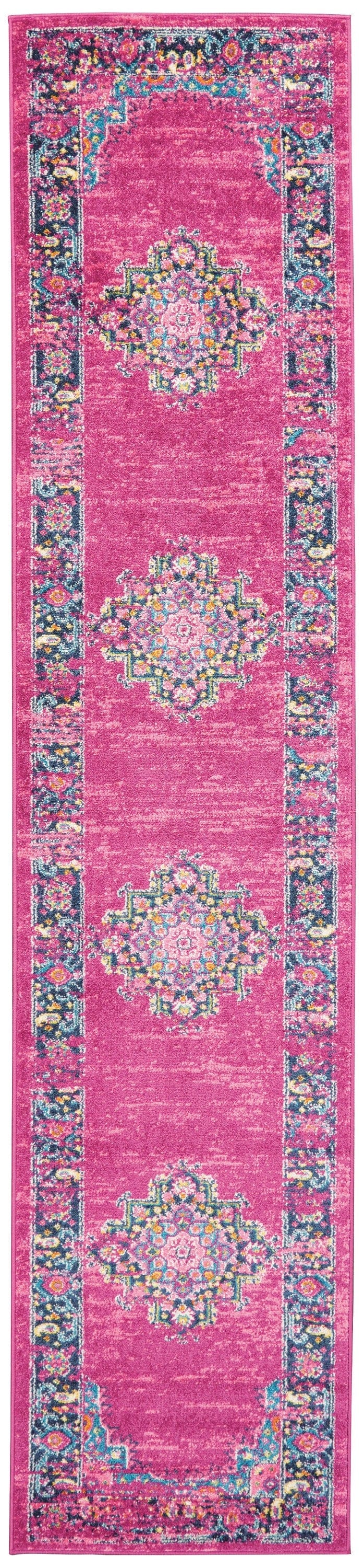 2’ X 10’ Fuchsia And Blue Distressed Runner Rug