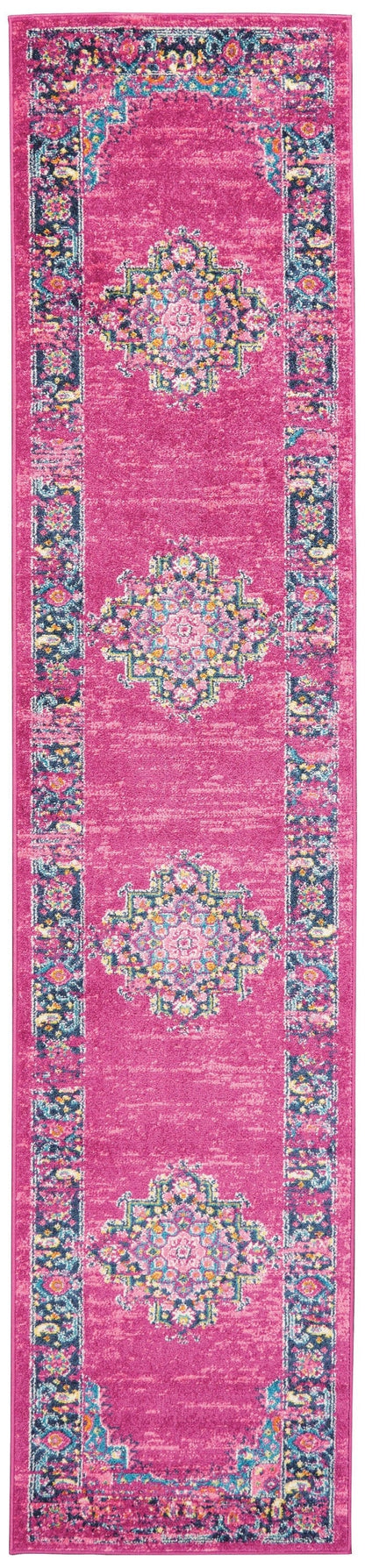 2’ X 10’ Fuchsia And Blue Distressed Runner Rug