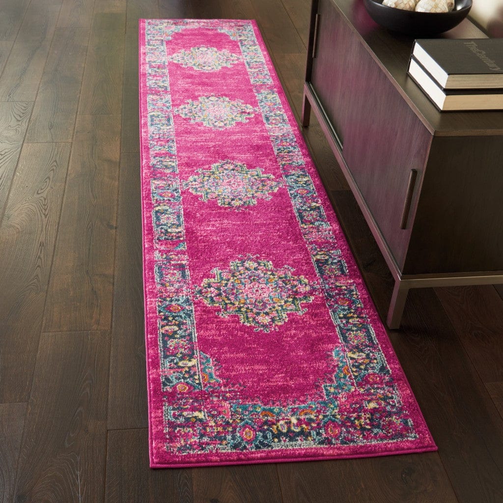 2’ X 10’ Fuchsia And Blue Distressed Runner Rug