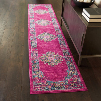 2’ X 10’ Fuchsia And Blue Distressed Runner Rug