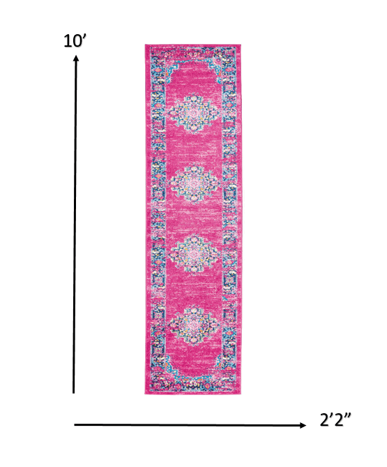 2’ X 10’ Fuchsia And Blue Distressed Runner Rug