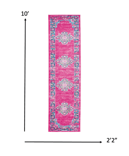 2’ X 10’ Fuchsia And Blue Distressed Runner Rug