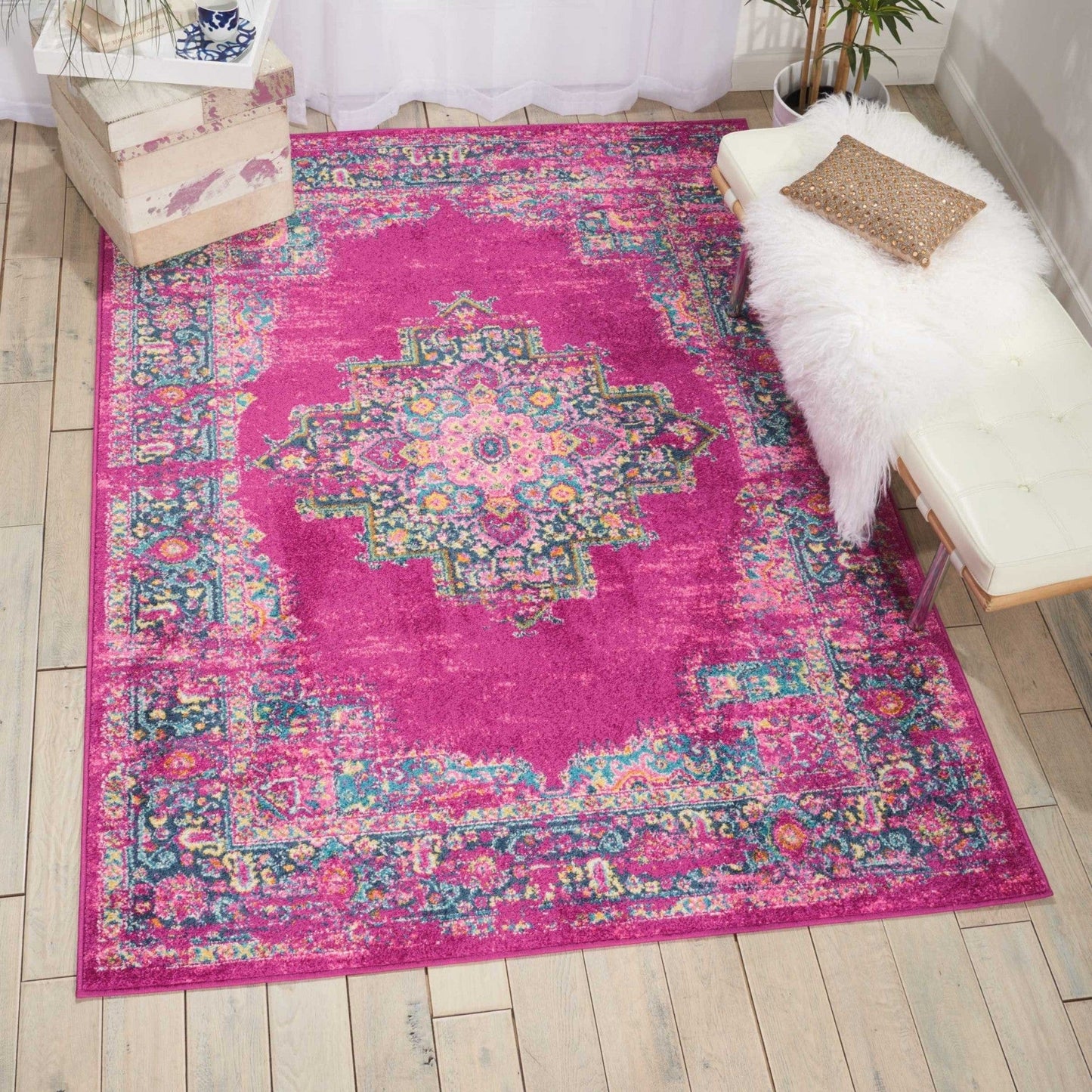 2’ X 10’ Fuchsia And Blue Distressed Runner Rug