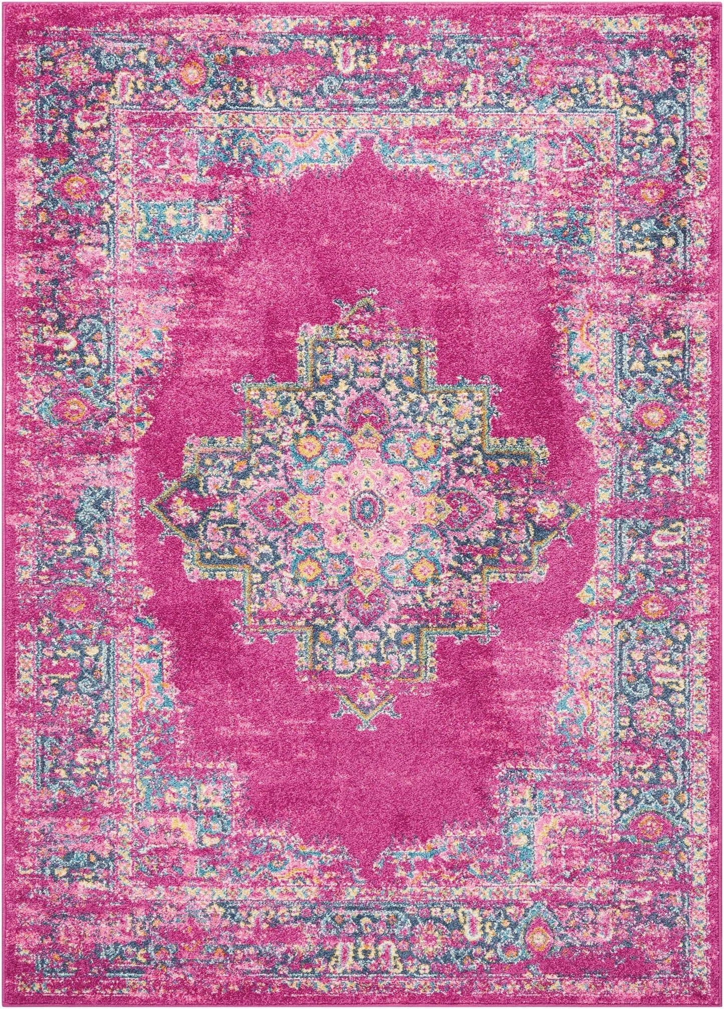 2’ X 10’ Fuchsia And Blue Distressed Runner Rug