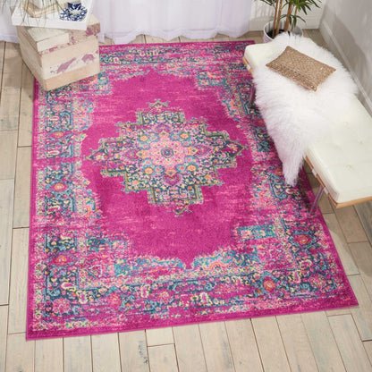 2’ X 10’ Fuchsia And Blue Distressed Runner Rug