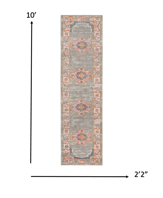 2’ X 10’ Gray And Gold Medallion Runner Rug