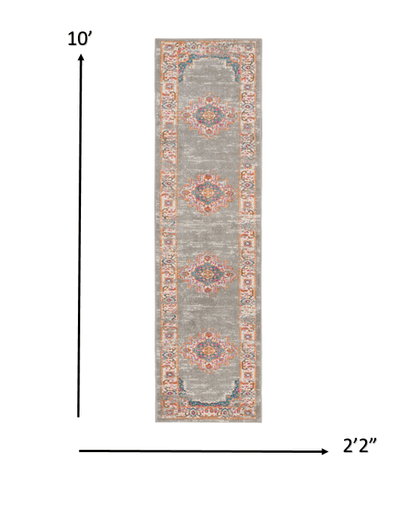 2’ X 10’ Gray And Gold Medallion Runner Rug