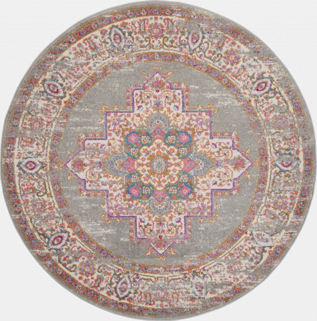 4’ Round Gray And Gold Medallion Area Rug