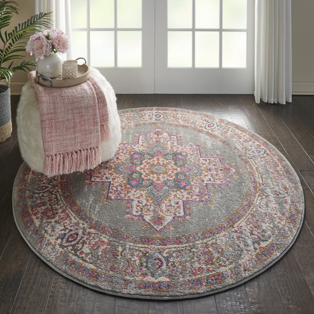 4’ Round Gray And Gold Medallion Area Rug