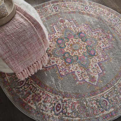 4’ Round Gray And Gold Medallion Area Rug