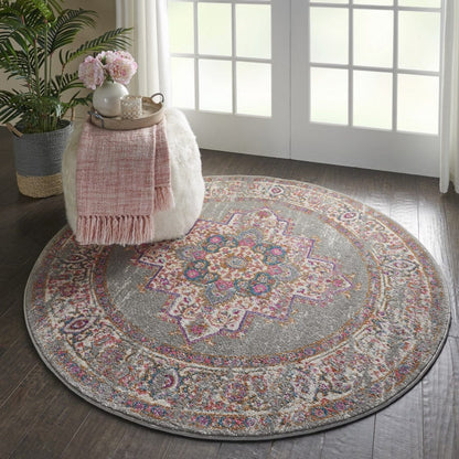 4’ Round Gray And Gold Medallion Area Rug