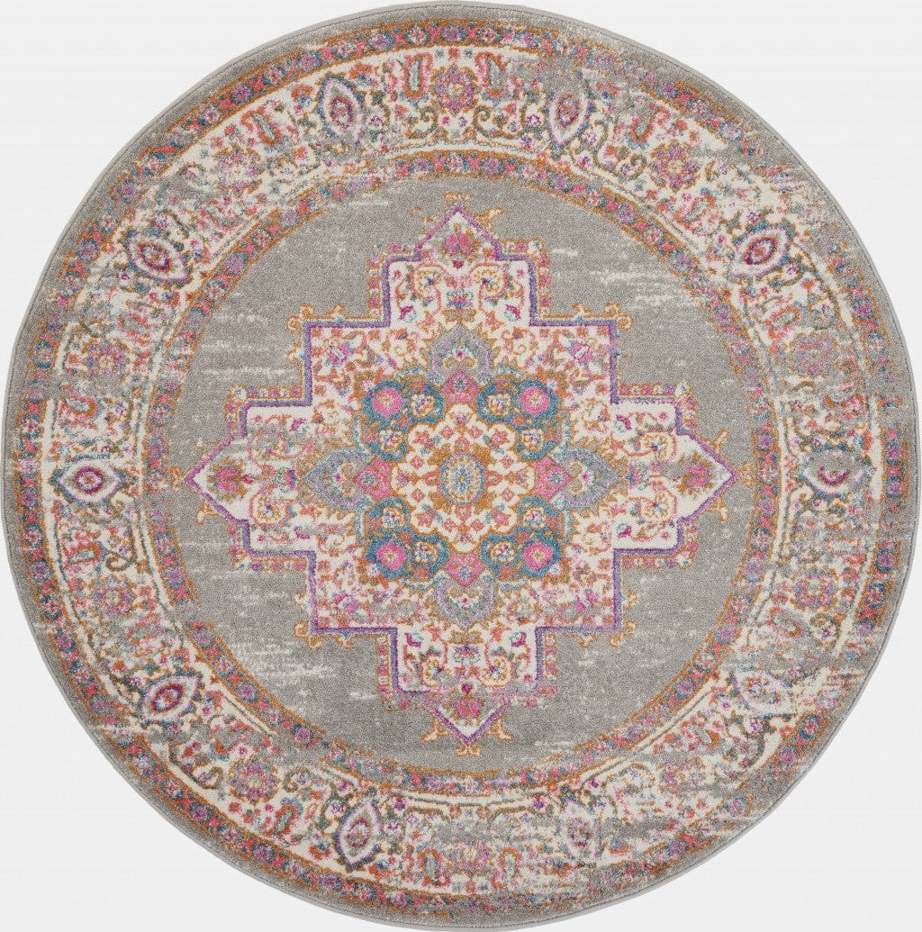 4’ Round Gray And Gold Medallion Area Rug