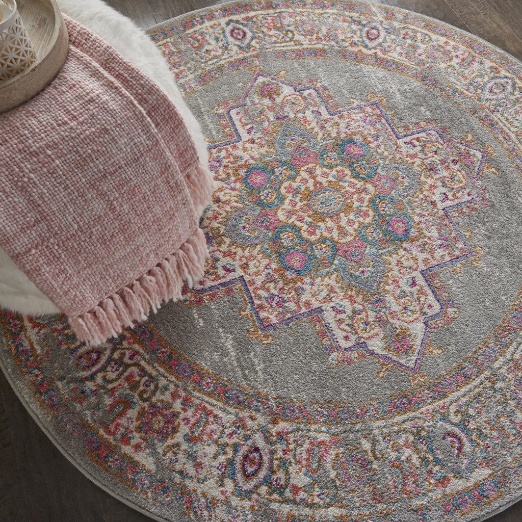 4’ Round Gray And Gold Medallion Area Rug