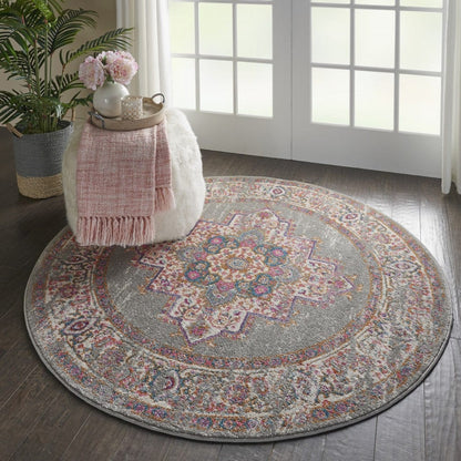 4’ Round Gray And Gold Medallion Area Rug