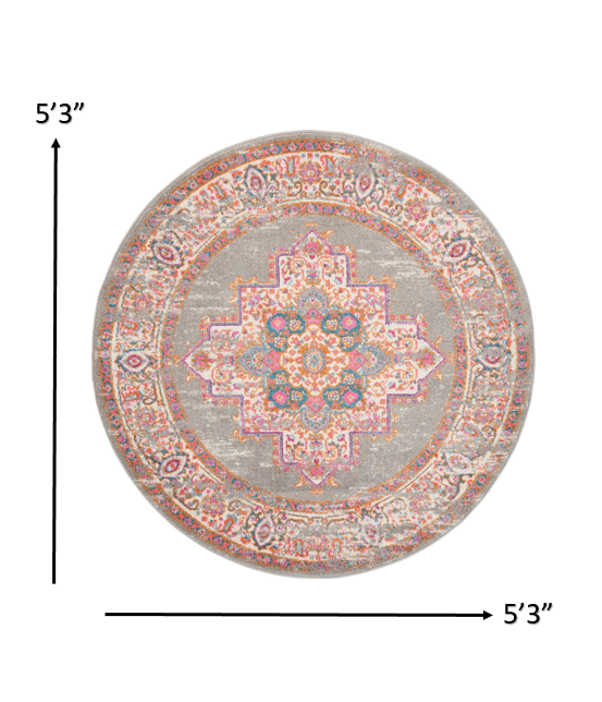 4’ Round Gray And Gold Medallion Area Rug