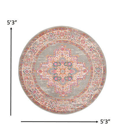 4’ Round Gray And Gold Medallion Area Rug