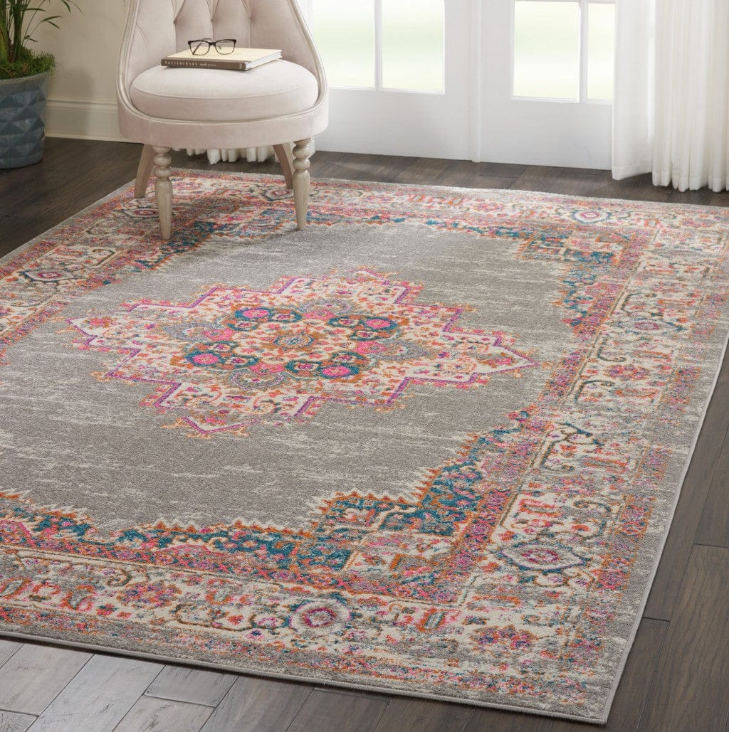 4’ Round Gray And Gold Medallion Area Rug