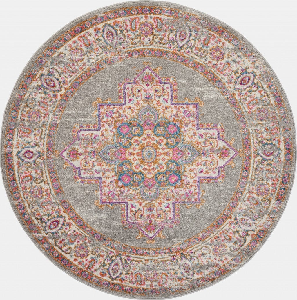 4’ Round Gray And Gold Medallion Area Rug