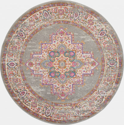 4’ Round Gray And Gold Medallion Area Rug