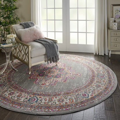 4’ Round Gray And Gold Medallion Area Rug