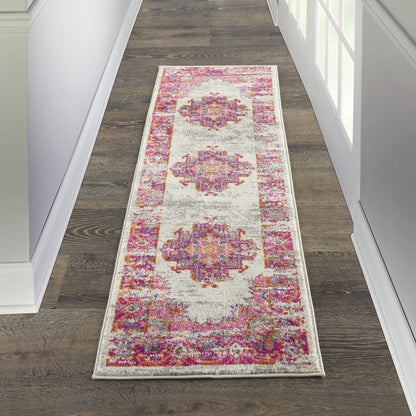 2’ X 6' Ivory And Fuchsia Distressed Runner Rug