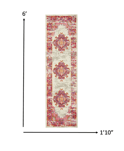 2’ X 6' Ivory And Fuchsia Distressed Runner Rug
